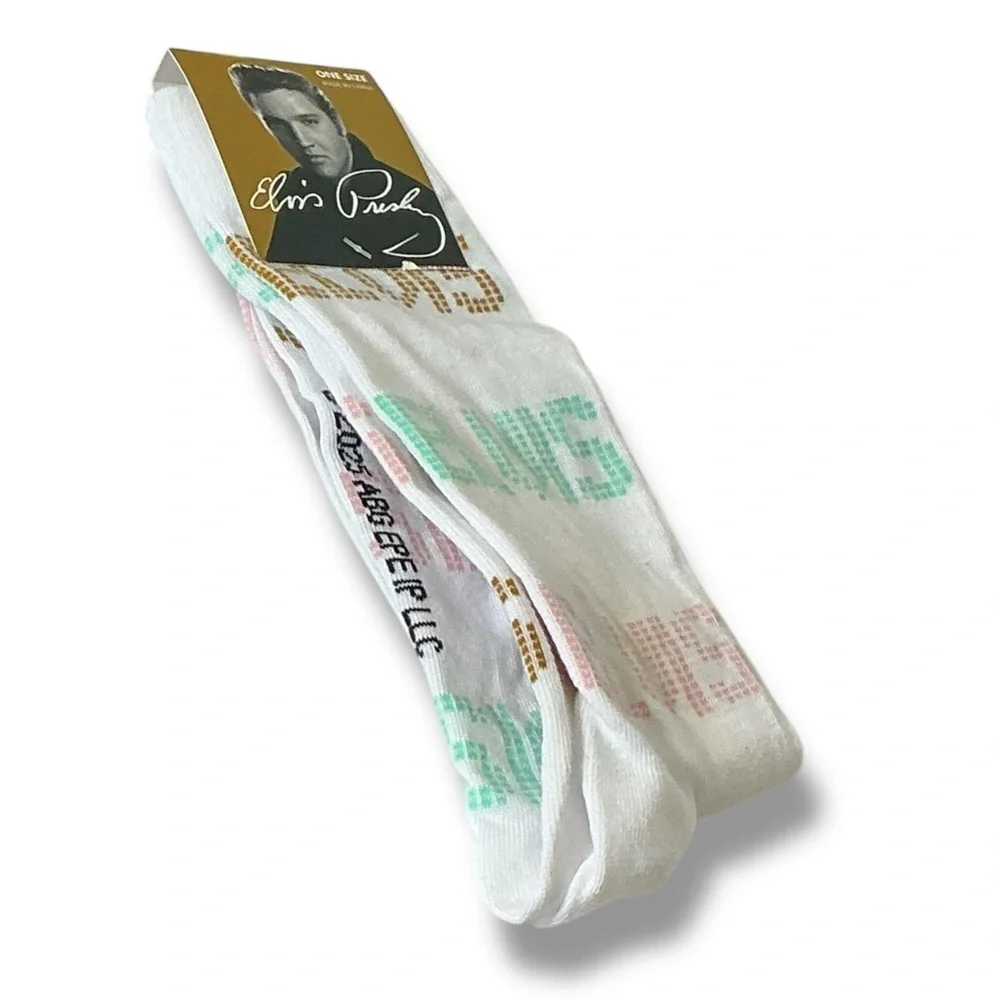 Elvis King of Rock Crew Socks Novelty White  Unisex One Size 7-12